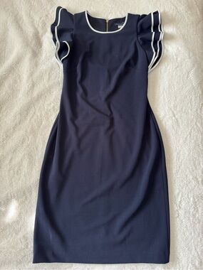 Tommy Hilfiger Navy and White Ruffle Sleeve Midi Dress
